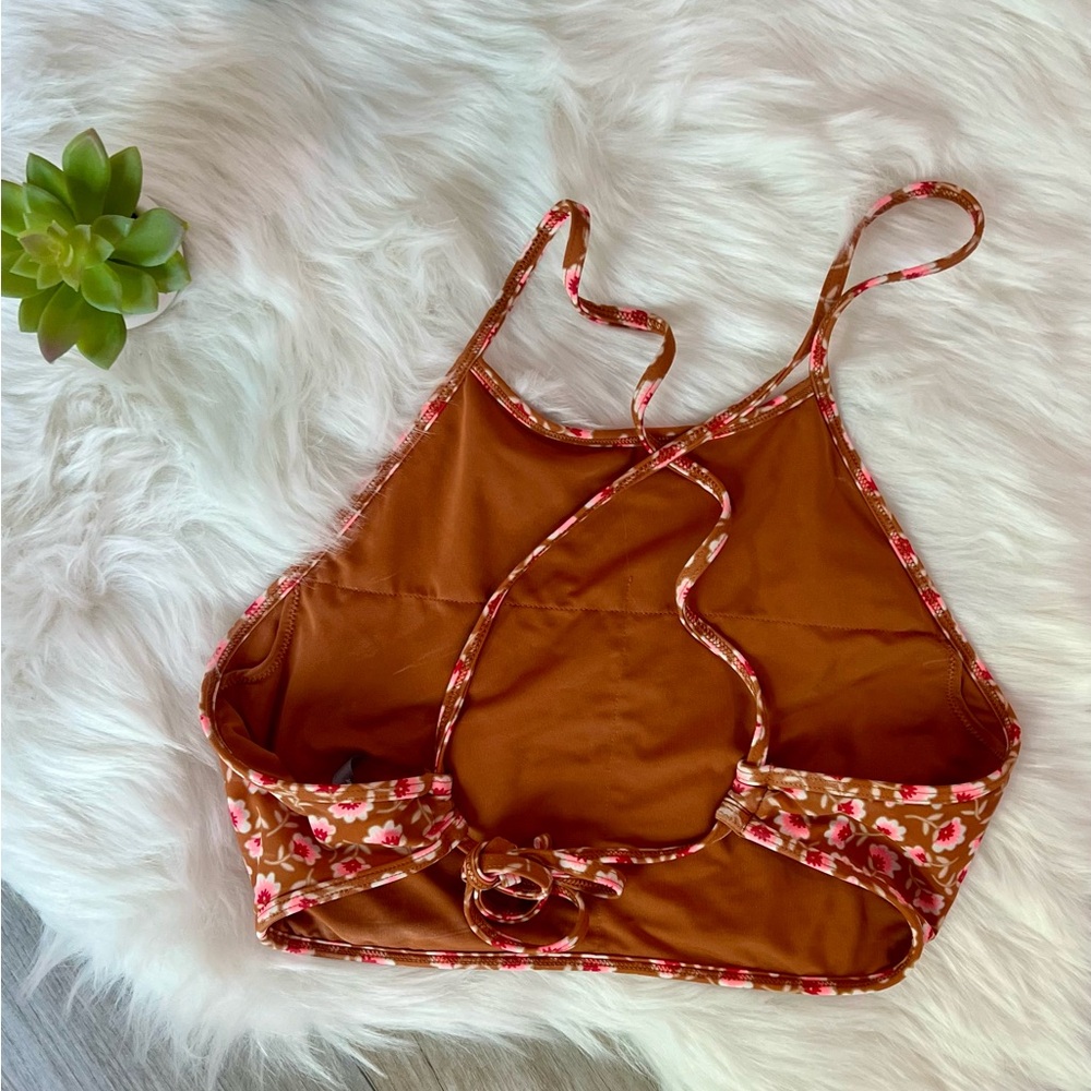 AERIE | Rust and Pink Floral Bikini Tankini Halter Top Swimwear (L) - Picture 2 of 4